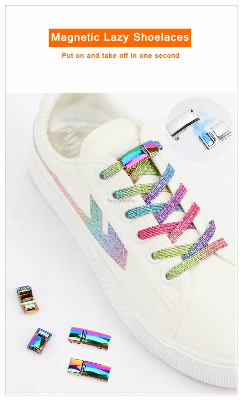 New Rainbow Magnetic Lock Shoelaces Elastic No tie Shoe laces Sneakers Shoelace Kids Adult Lazy Laces One Size Fits All Shoes