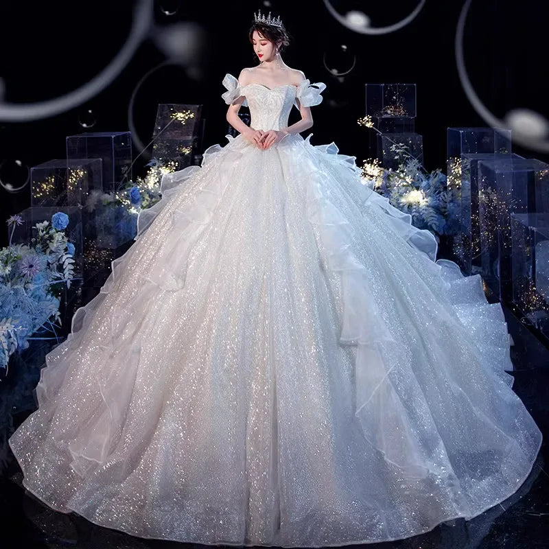 Princess Wedding Dress Ball Gowns Glitter Tulle Sweetheart Bride Dresses Robe De Mariee Off the Shoulder Wedding Gowns