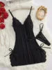 Sexy Lace Sleepwear Two Pieces Set Dress and Thong Lingerie Set Lace up Sexy Night Underwear - EXPRESS STORE