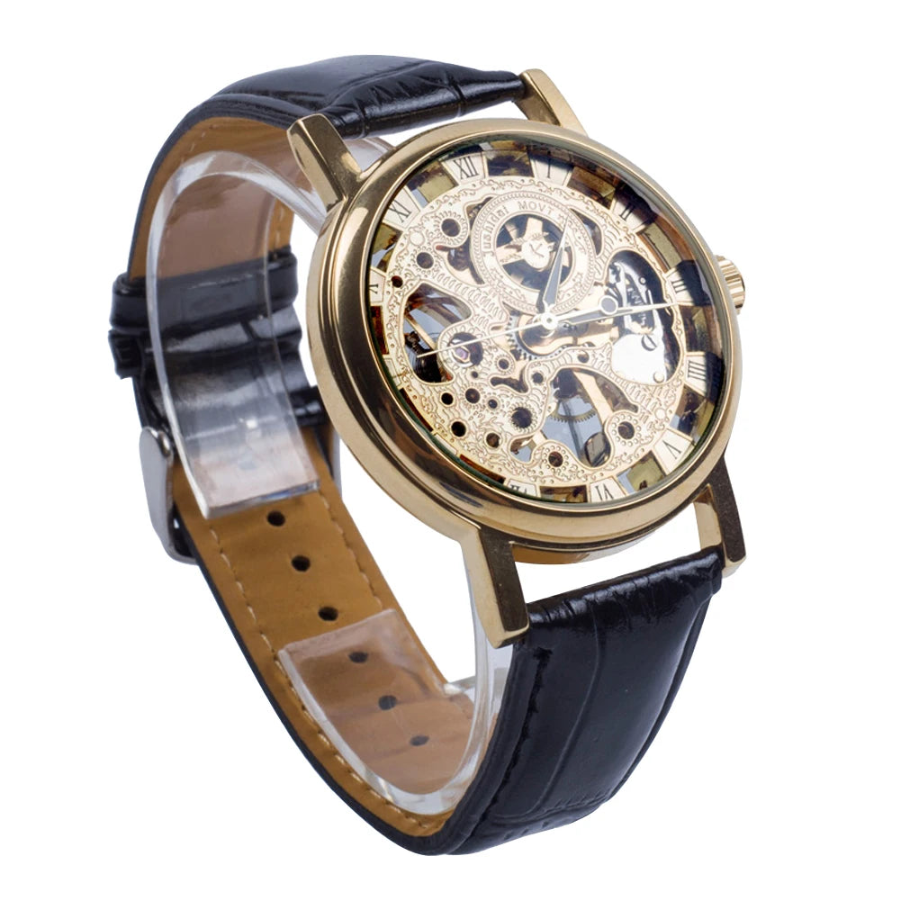 HOT SALE Men Fashion Luxury Hollow Skeleton Round Dial Faux Leather Strap Wrist Watch fashion men sports watches cool wristwatch