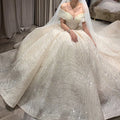 Luxury Sequins Wedding Dress | Off-Shoulder Boat Neck Bridal Gown
