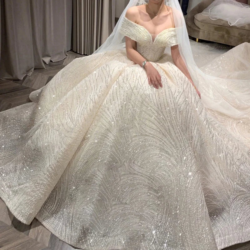 Luxury Sequins Wedding Dress | Off-Shoulder Boat Neck Bridal Gown
