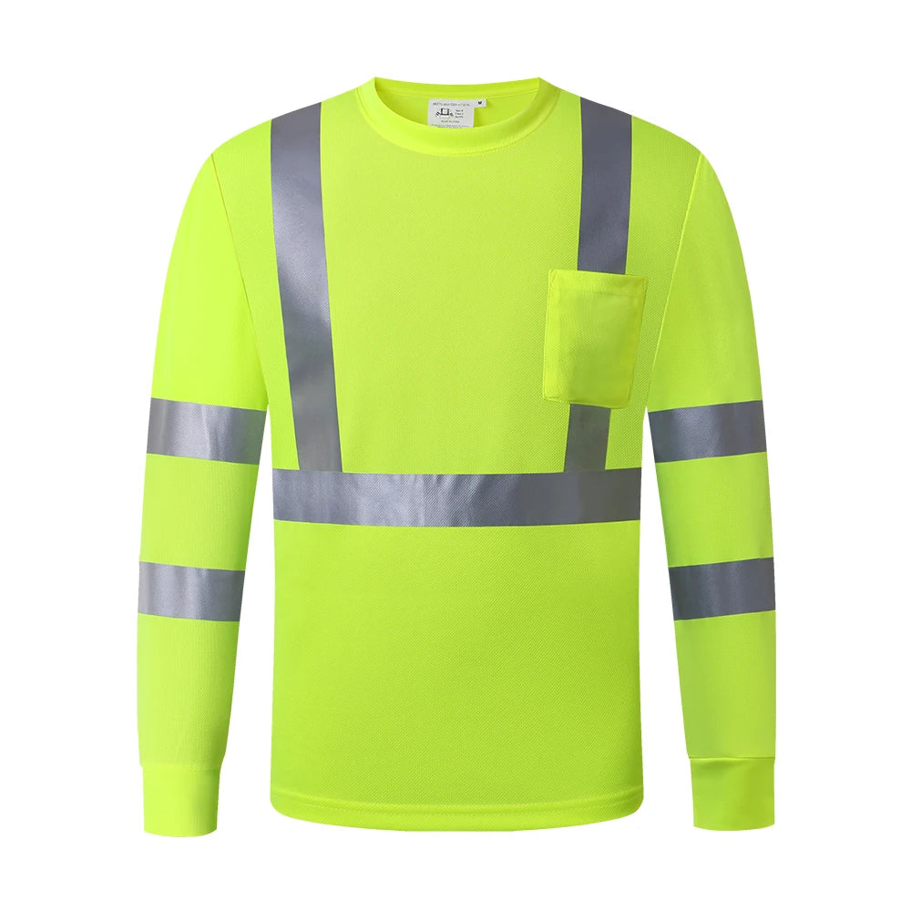 Fluorescent Yellow Workwear T Shirt  Long Sleeve  Breathable shirts for Work Warehouse Construction Class 3