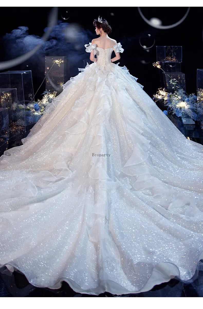 Princess Wedding Dress Ball Gowns Glitter Tulle Sweetheart Bride Dresses Robe De Mariee Off the Shoulder Wedding Gowns