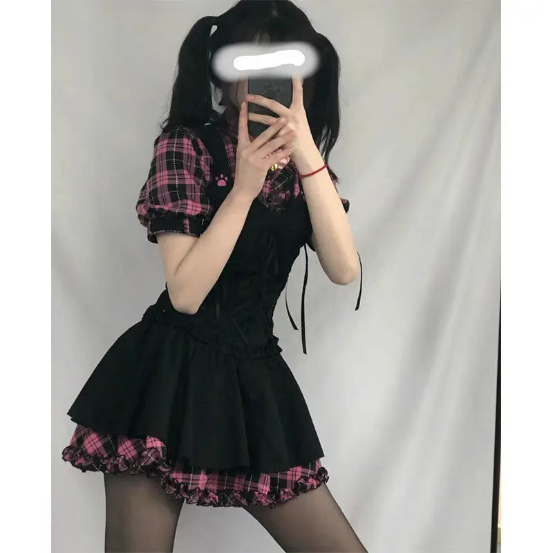 Summer Dresses Plaid Kawaii Pink Y2K - EXPRESS STORE