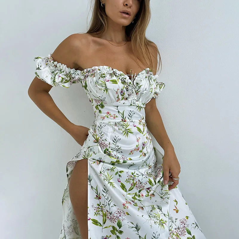 Summer Floral Off Shoulder Maxi Dress | Lace-Up Side Split Aesthetic Dress