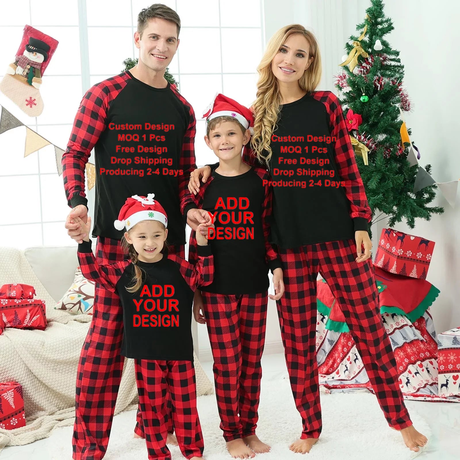 3D Print Digital Personalized Wholesale Winter Warm Long Sleeve Plaid Print on Demand Christmas Family Matching Sets Pajamas
