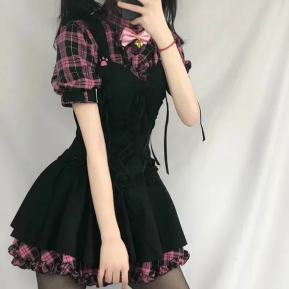 Summer Dresses Plaid Kawaii Pink Y2K - EXPRESS STORE