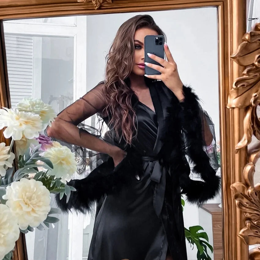Sexy Solid Silk Satin Bridal Robe Nighty Valentine Bath Silk Women Luxury Robe Feather Mesh Long Sleeve with Feather