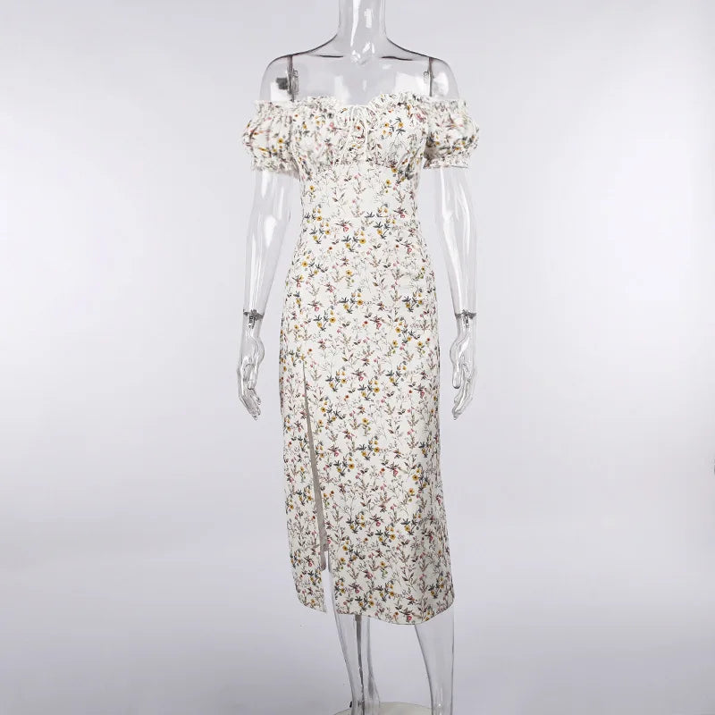 Summer Floral Off Shoulder Puff Sleeve Maxi Dress for Woman Robe Sexy Lace up Side Split Chic Mid-Calf Aesthetic Dress