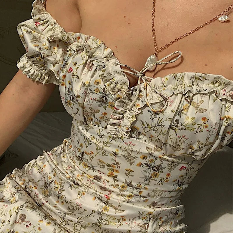 Summer Floral Off Shoulder Puff Sleeve Maxi Dress for Woman Robe Sexy Lace up Side Split Chic Mid-Calf Aesthetic Dress