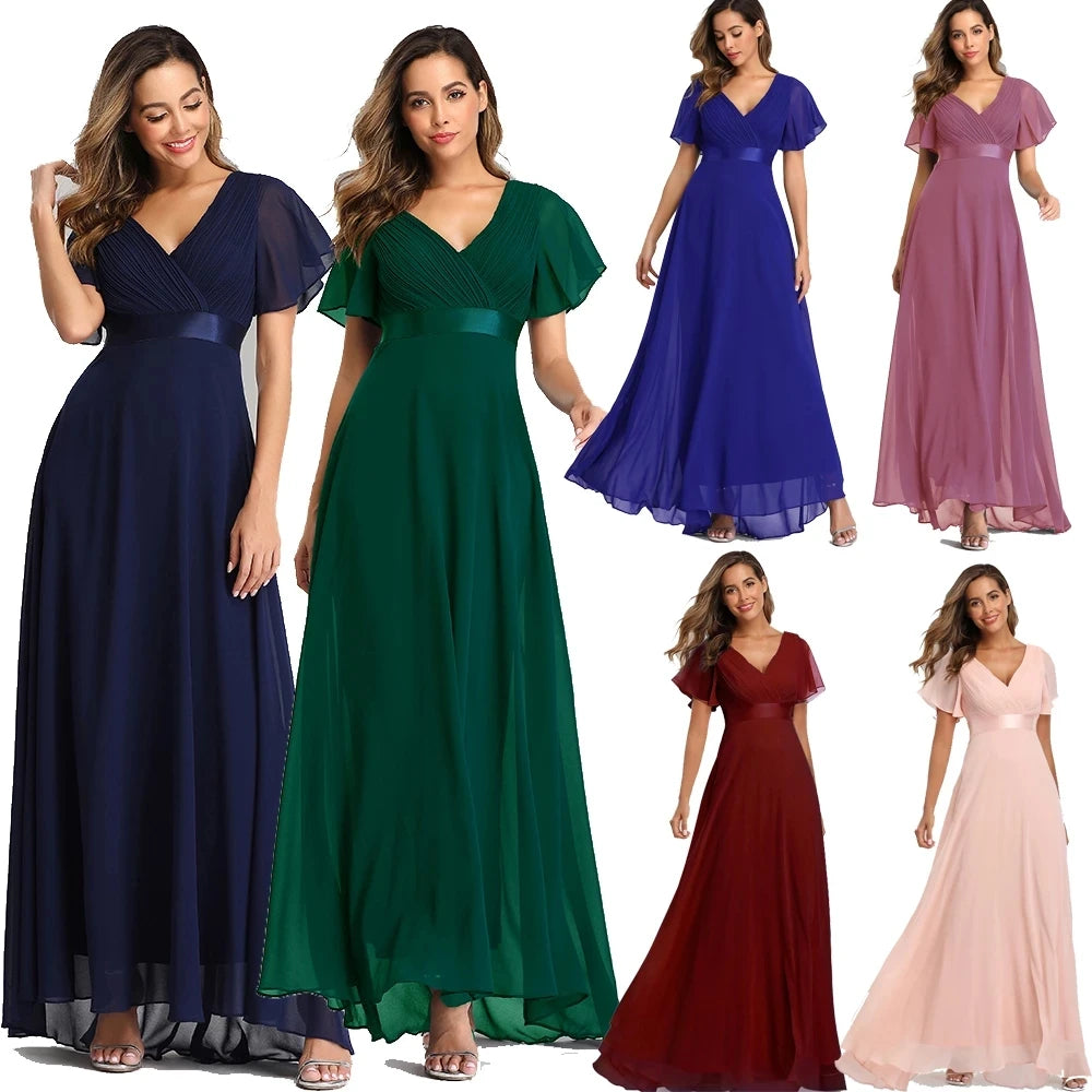 Newest Evening Dresses Elegant V-Neck Ruffles Chiffon Formal Evening Gown Robe Vestidos De Fiesta Dress for Wedding Party