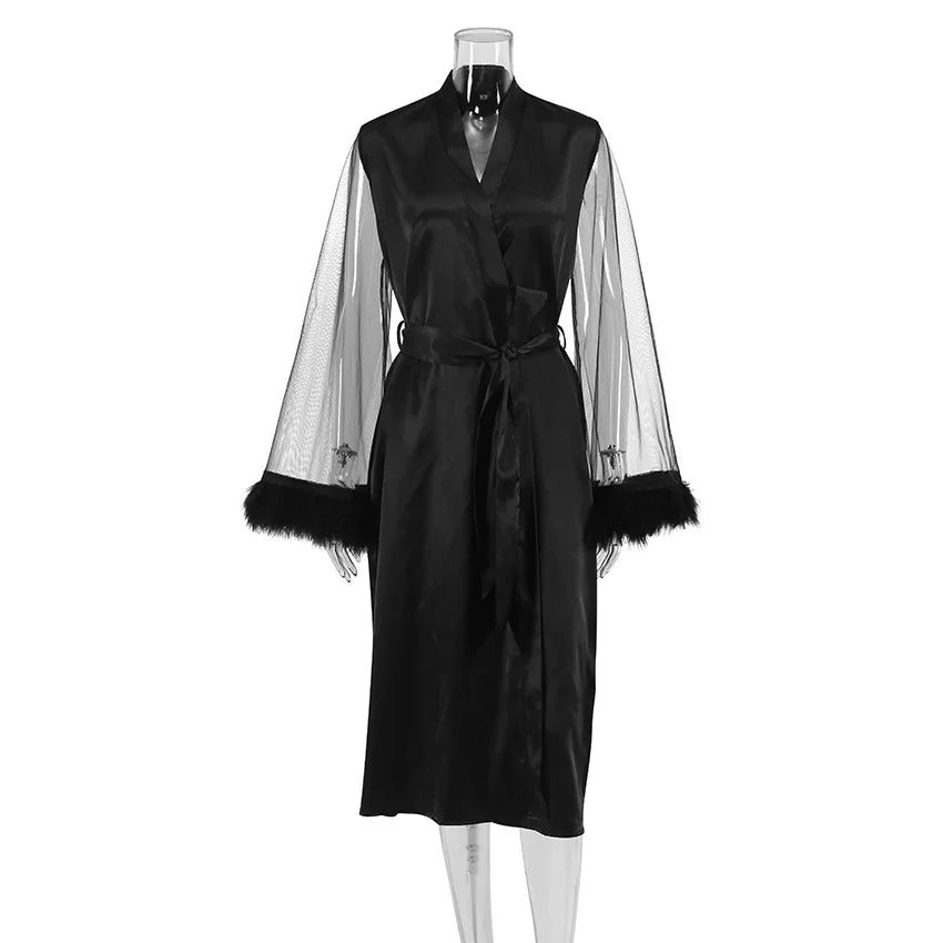 Sexy Solid Silk Satin Bridal Robe Nighty Valentine Bath Silk Women Luxury Robe Feather Mesh Long Sleeve with Feather
