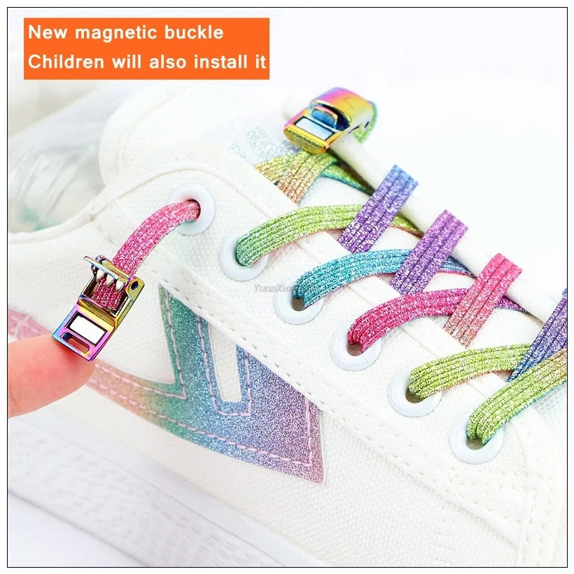 New Rainbow Magnetic Lock Shoelaces Elastic No tie Shoe laces Sneakers Shoelace Kids Adult Lazy Laces One Size Fits All Shoes