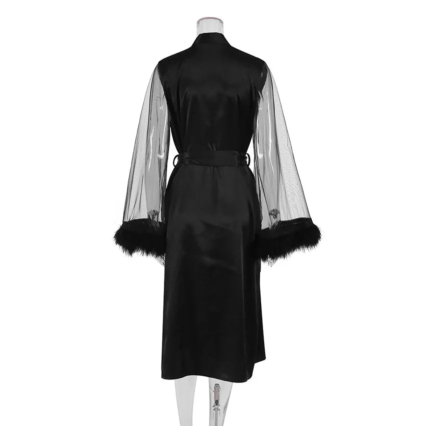 Women's Satin Bridal Robe with Feathers | Luxury Silk Nighty Sleepwear