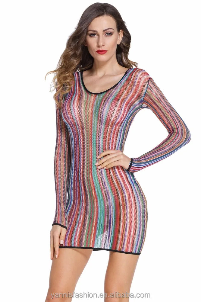 Rainbow Fishnet Babydoll Sleepwear | Long Sleeve Sheer Chemise Lingerie