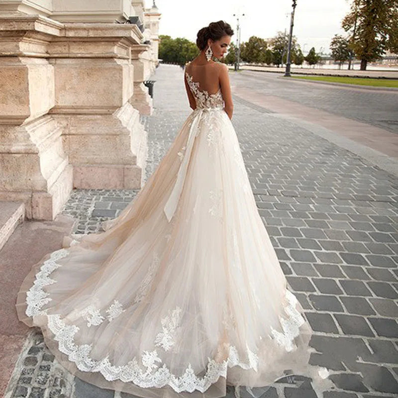 FA14 Vestido De Novia a Line Lace Wedding Dress Sexy Plus Size Sheer Back Bridal Dresses Robe De Novia Princess Wedding Gown