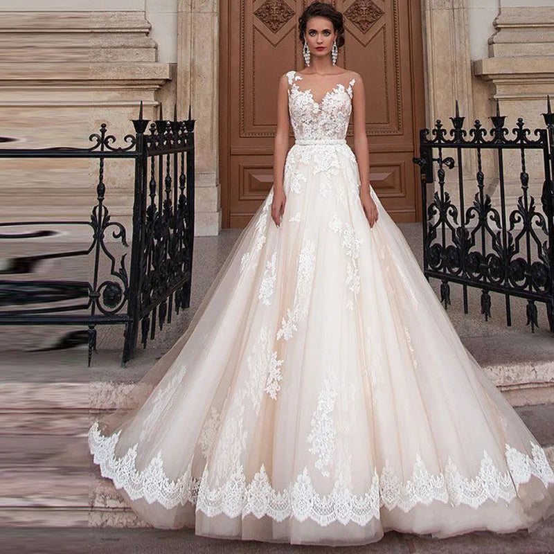 FA14 Vestido De Novia a Line Lace Wedding Dress Sexy Plus Size Sheer Back Bridal Dresses Robe De Novia Princess Wedding Gown