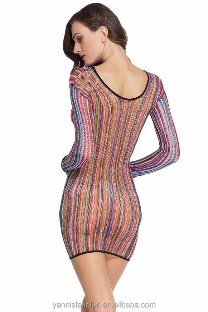 Rainbow Fishnet Babydoll Sleepwear | Long Sleeve Sheer Chemise Lingerie