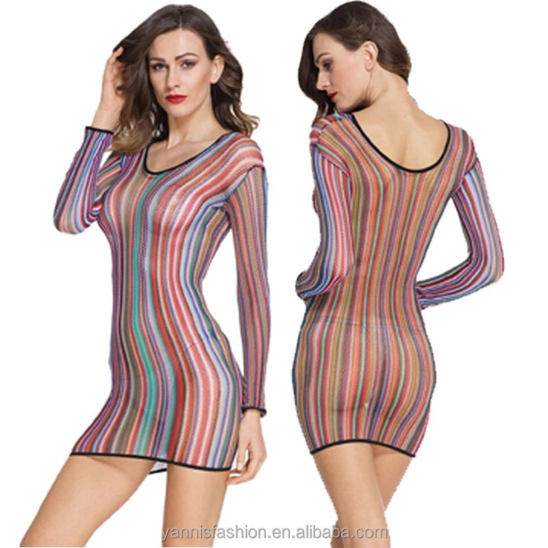 Rainbow Fishnet Babydoll Sleepwear | Long Sleeve Sheer Chemise Lingerie