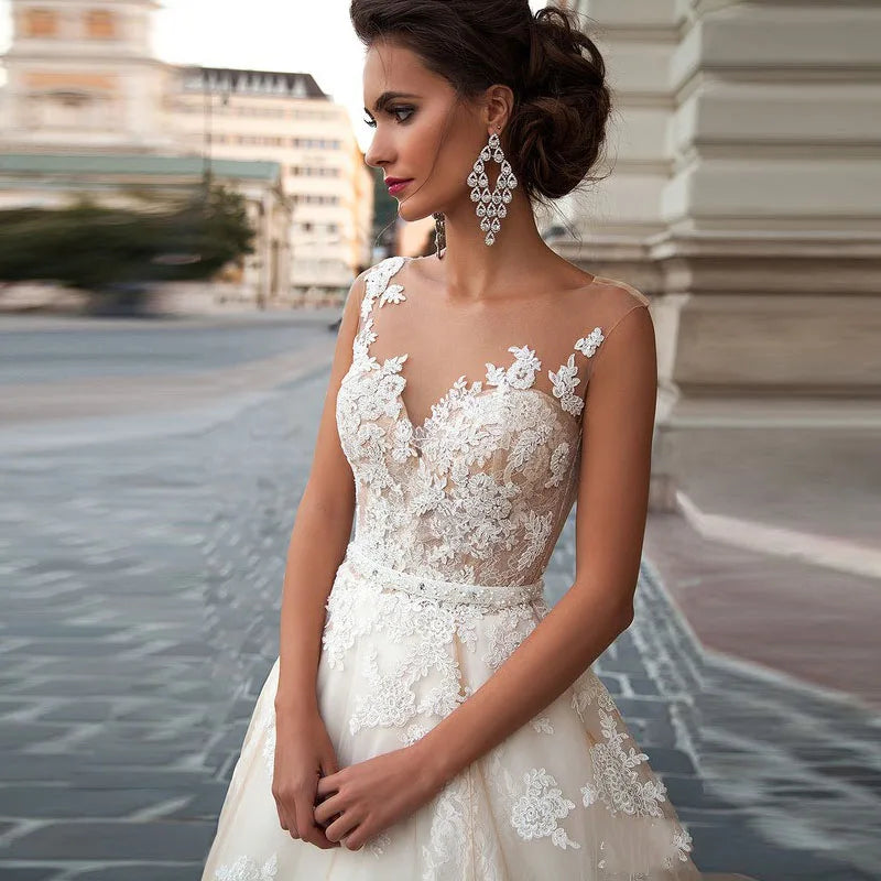 FA14 Vestido De Novia a Line Lace Wedding Dress Sexy Plus Size Sheer Back Bridal Dresses Robe De Novia Princess Wedding Gown