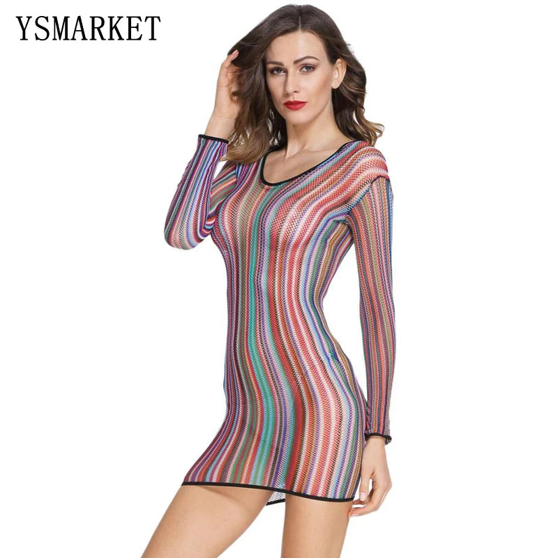 Rainbow Fishnet Babydoll Sleepwear | Long Sleeve Sheer Chemise Lingerie