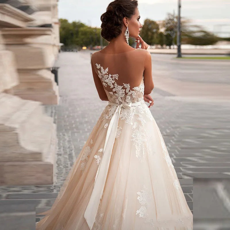 FA14 Vestido De Novia a Line Lace Wedding Dress Sexy Plus Size Sheer Back Bridal Dresses Robe De Novia Princess Wedding Gown