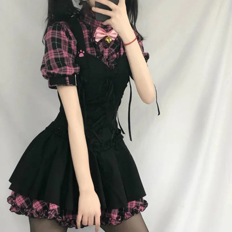 Summer Dresses Plaid Kawaii Pink Y2K - EXPRESS STORE