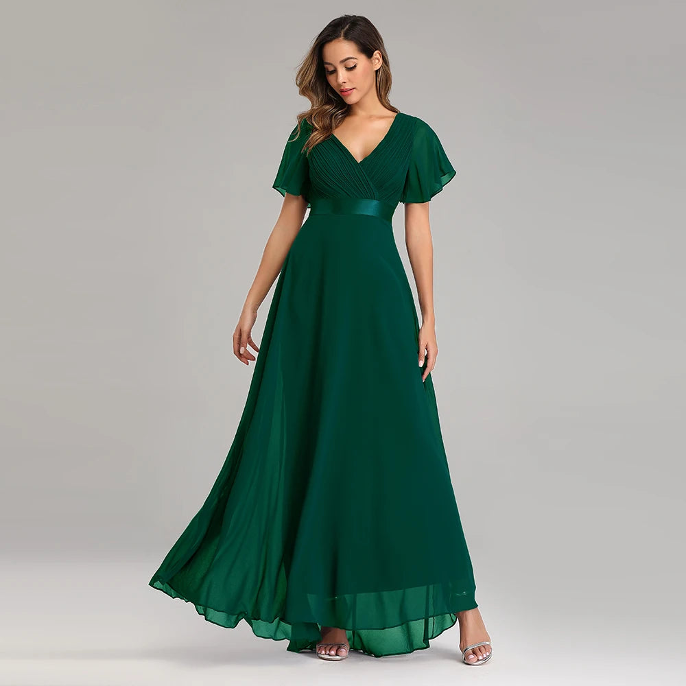 Newest Evening Dresses Elegant V-Neck Ruffles Chiffon Formal Evening Gown Robe Vestidos De Fiesta Dress for Wedding Party