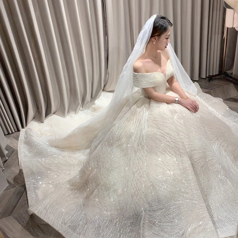 Luxury Sequins Wedding Dress | Off-Shoulder Boat Neck Bridal Gown