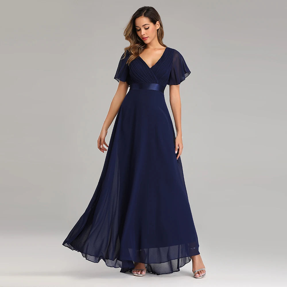 Newest Evening Dresses Elegant V-Neck Ruffles Chiffon Formal Evening Gown Robe Vestidos De Fiesta Dress for Wedding Party
