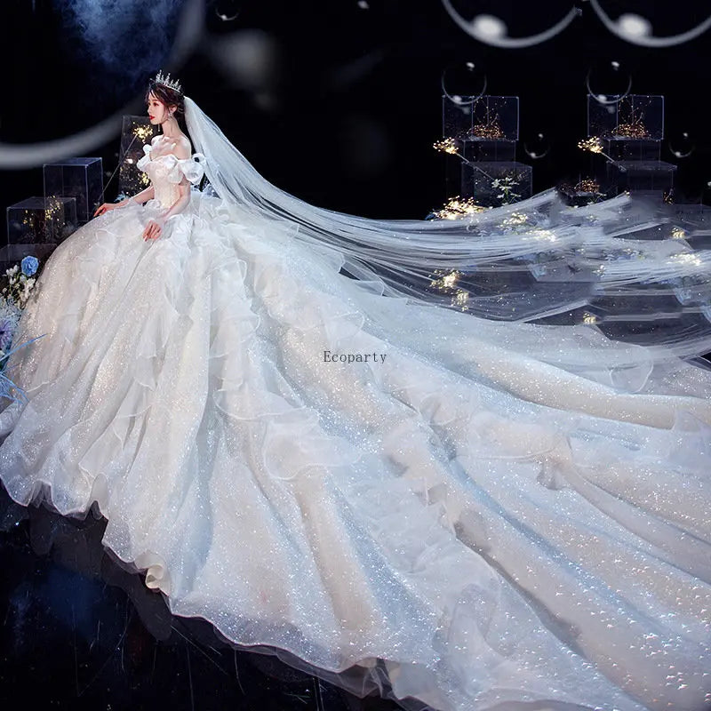 Princess Wedding Dress Ball Gowns Glitter Tulle Sweetheart Bride Dresses Robe De Mariee Off the Shoulder Wedding Gowns