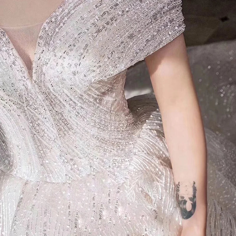 Luxury Sequins Wedding Dress | Off-Shoulder Boat Neck Bridal Gown