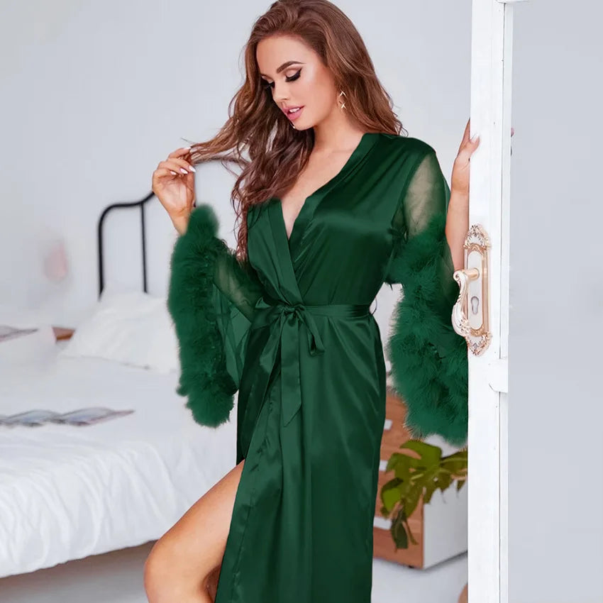 Sexy Solid Silk Satin Bridal Robe Nighty Valentine Bath Silk Women Luxury Robe Feather Mesh Long Sleeve with Feather - EXPRESS STORE