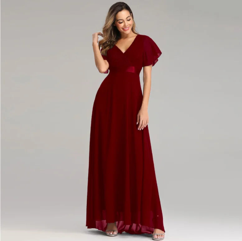 Newest Evening Dresses Elegant V-Neck Ruffles Chiffon Formal Evening Gown Robe Vestidos De Fiesta Dress for Wedding Party