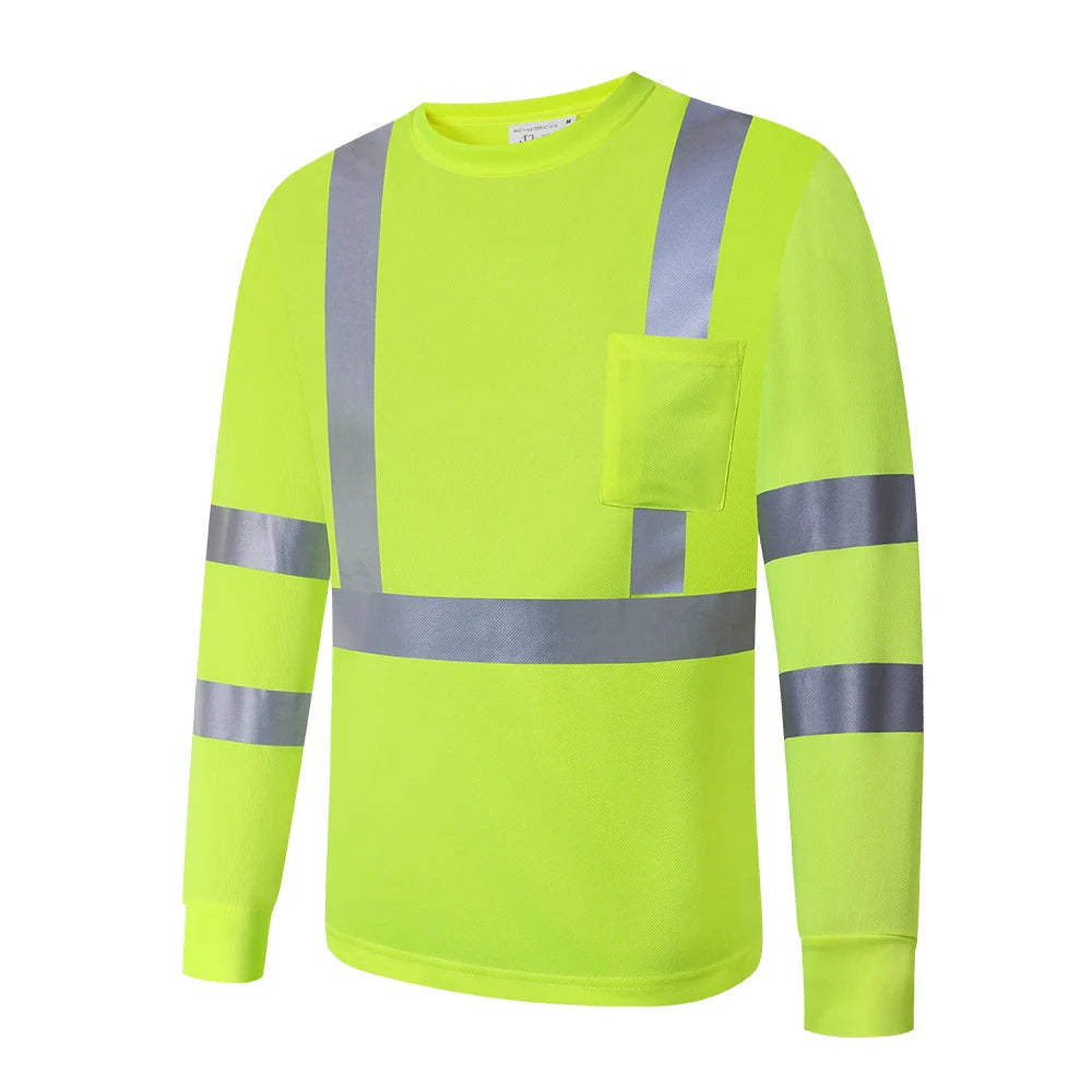 Fluorescent Yellow Workwear T Shirt  Long Sleeve  Breathable shirts for Work Warehouse Construction Class 3