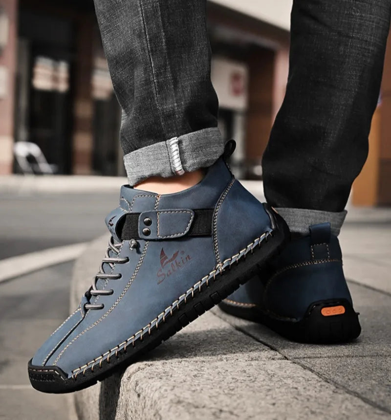 Winter New Men's Low-top Ankle Boots High Quality Hand-stitched Hook&loop Leather Casual Sneakers Classic Man Shoes Plus Size 48
