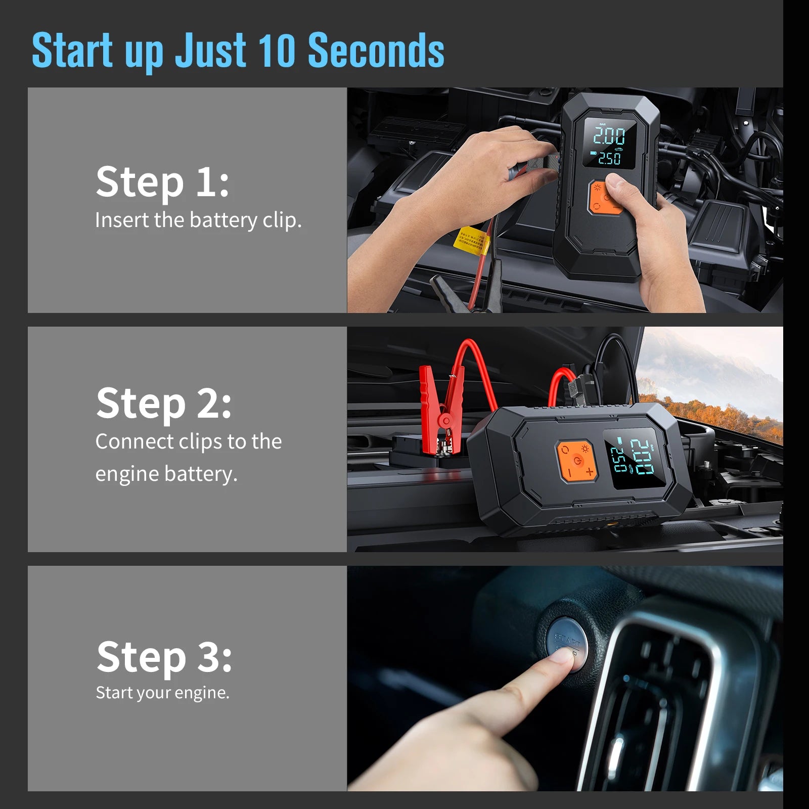 LEIBOO Car Jump Starter Air Pump Power Bank Lighting Portable Air Compressor 4 In 1 Cars Battery Starters Auto Tyre Inflator