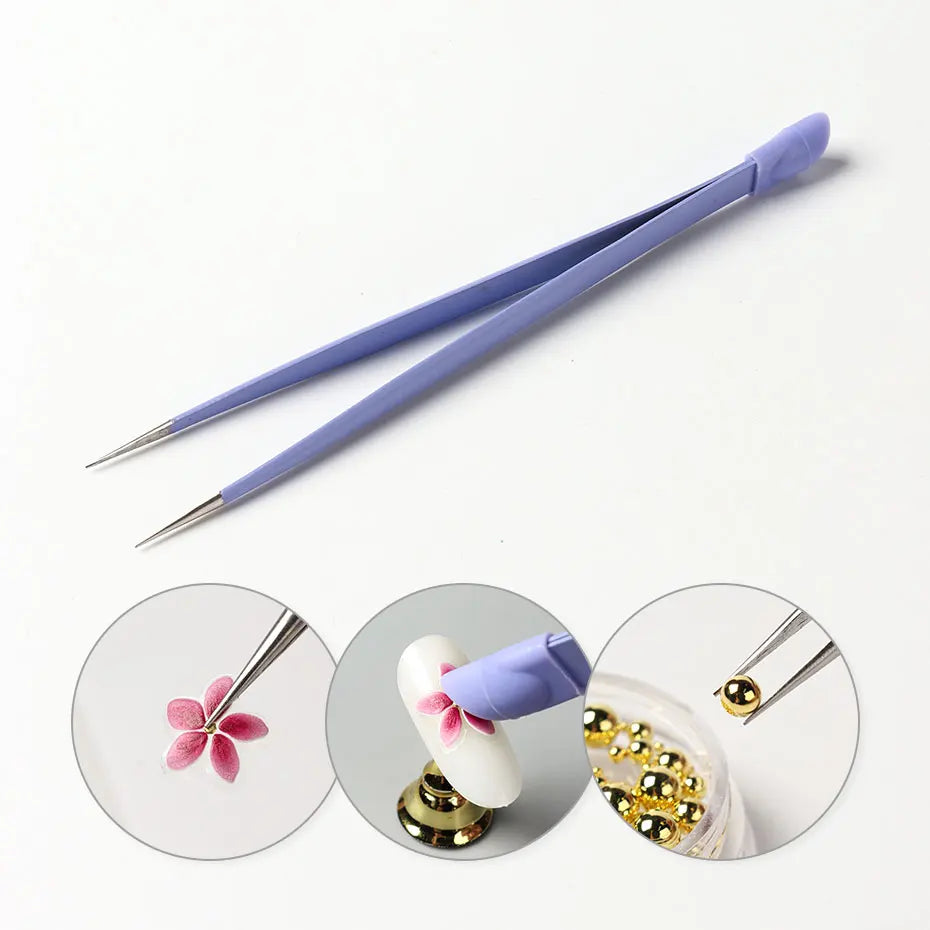 1PC Double Sided Purple Nail Tweezers Silicone Pressing Head Nail Tweezers Sticker Picker Nails Tools Stainless Manicure Tools ﻿