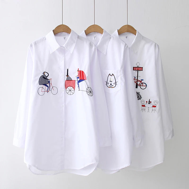 Fashion loose women's cotton embroidered shirt spring and autumn long top 5083