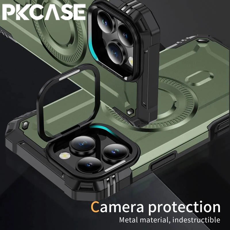 PKCASE Military Shockproof Bracket Case For iPhone 17 Air 16 15 14 Plus Pro Max For Magsafe Magnetic Armor Cover