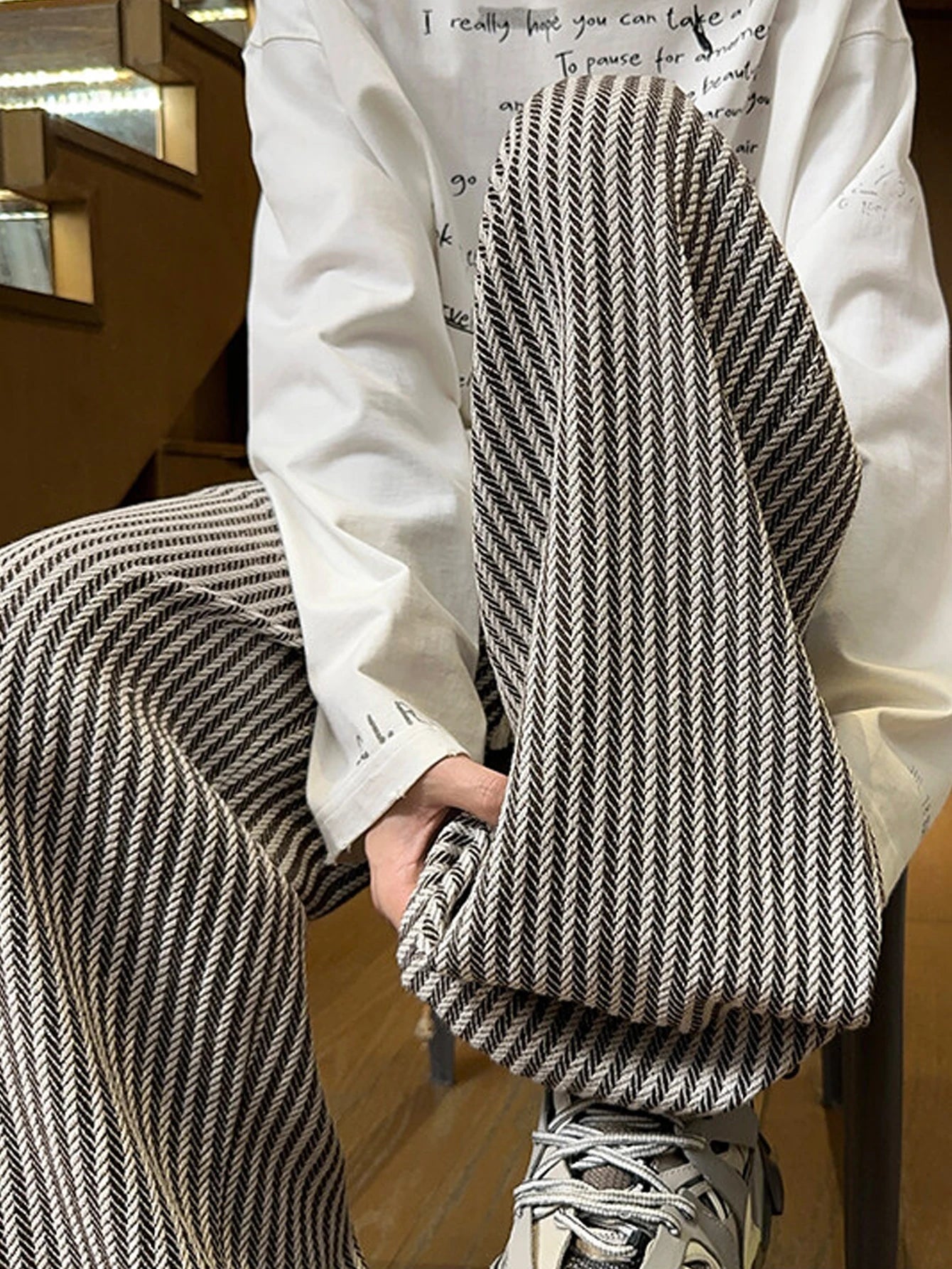 Men's autumn casual striped pants, woven pants, with drawstring elastic waistband, suitable for outdoor daily use