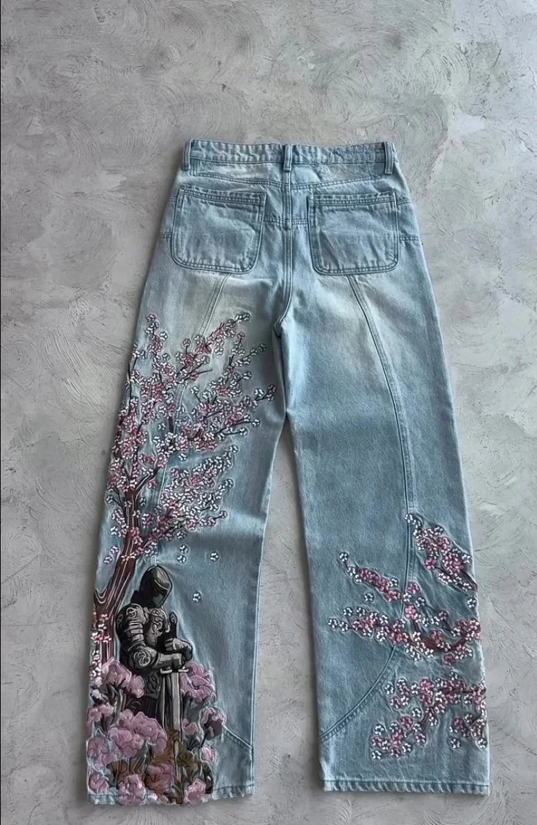 Men Women Cherry Blossom Knight All Embroidery Denim Pants Y2k Vintage Baggy Street Straight Jeans High Waisted Washed Blue Jean