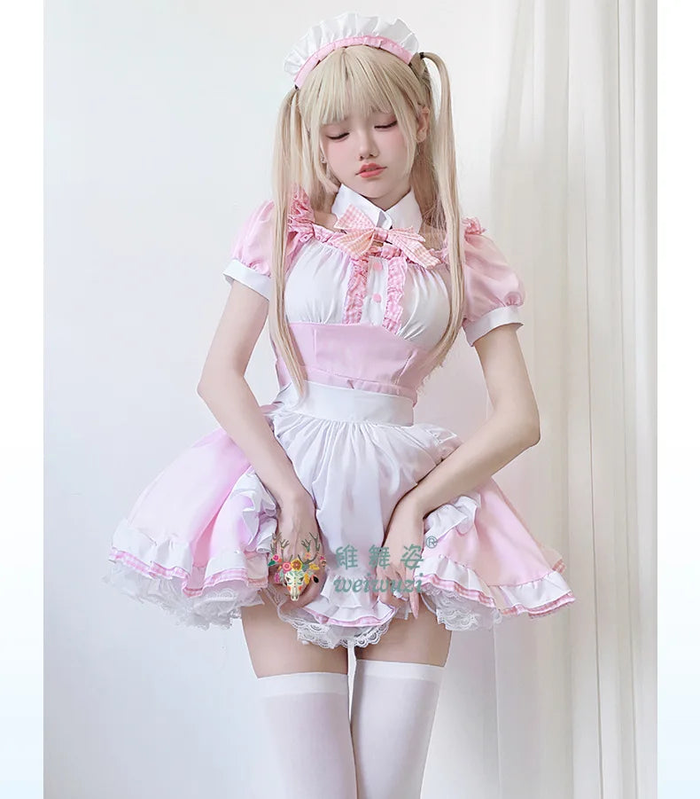 Japanese Sweet Cute Lolita Dress Maid Cosplay Costume Pink Bow Maid Dress Girl Fashion Stage Perfermance Fancy Costume Catwomen