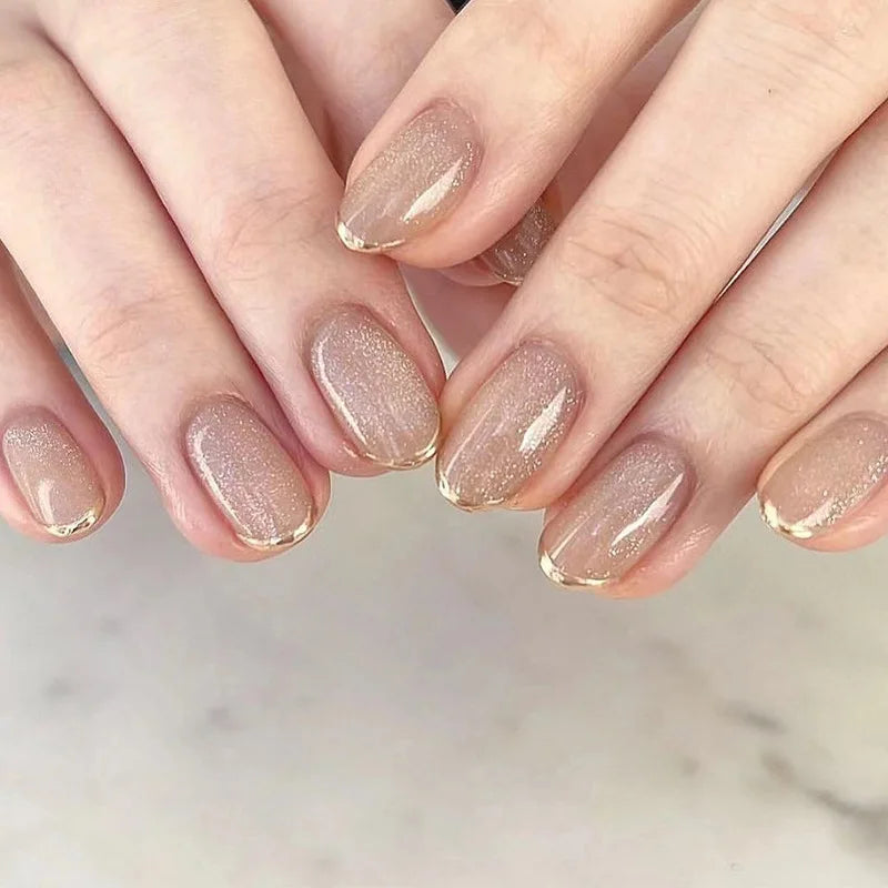 24Ps/Set Almond Slant Gold Line Lotus Pink Fake Nails Artificial Professional Material art False Nail Supplies For Professionals