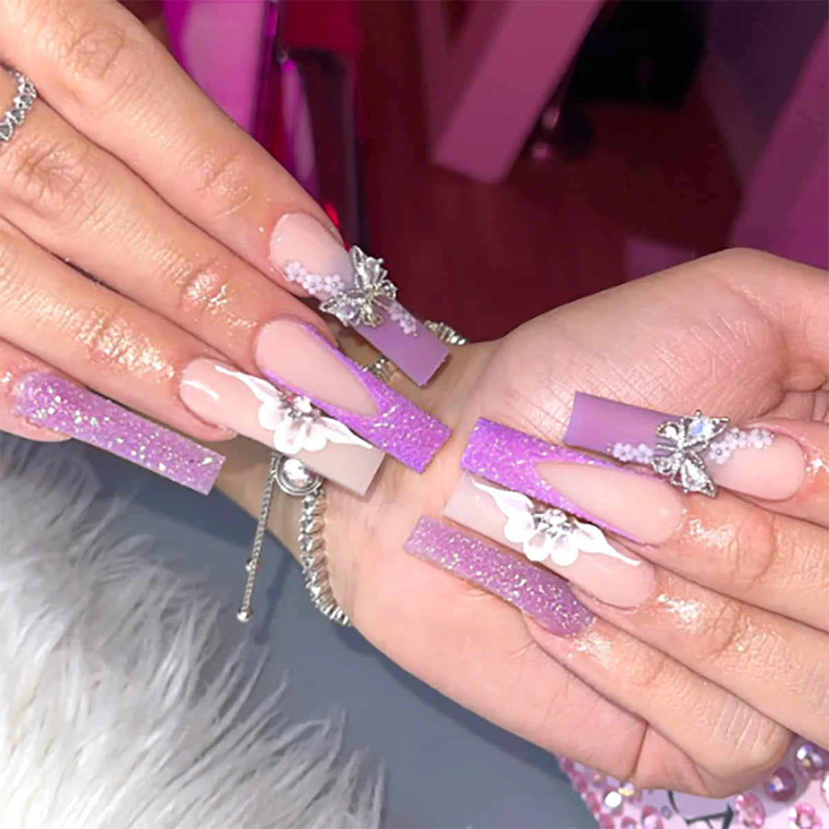 24Pcs Gold French Border False Nails Long Coffin False Nails with Rhinestones Ballerina Full Cover Nail Tips Press on Nails 2030