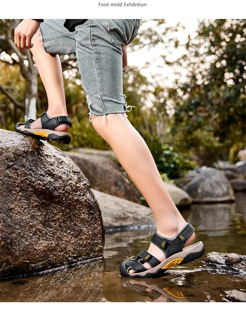 Summer Genuine Leather Men's Sandals Classic Breathable Slip-On Sandals Men Outdoor Casual Beach Sandals Sneakers Plus Size 48