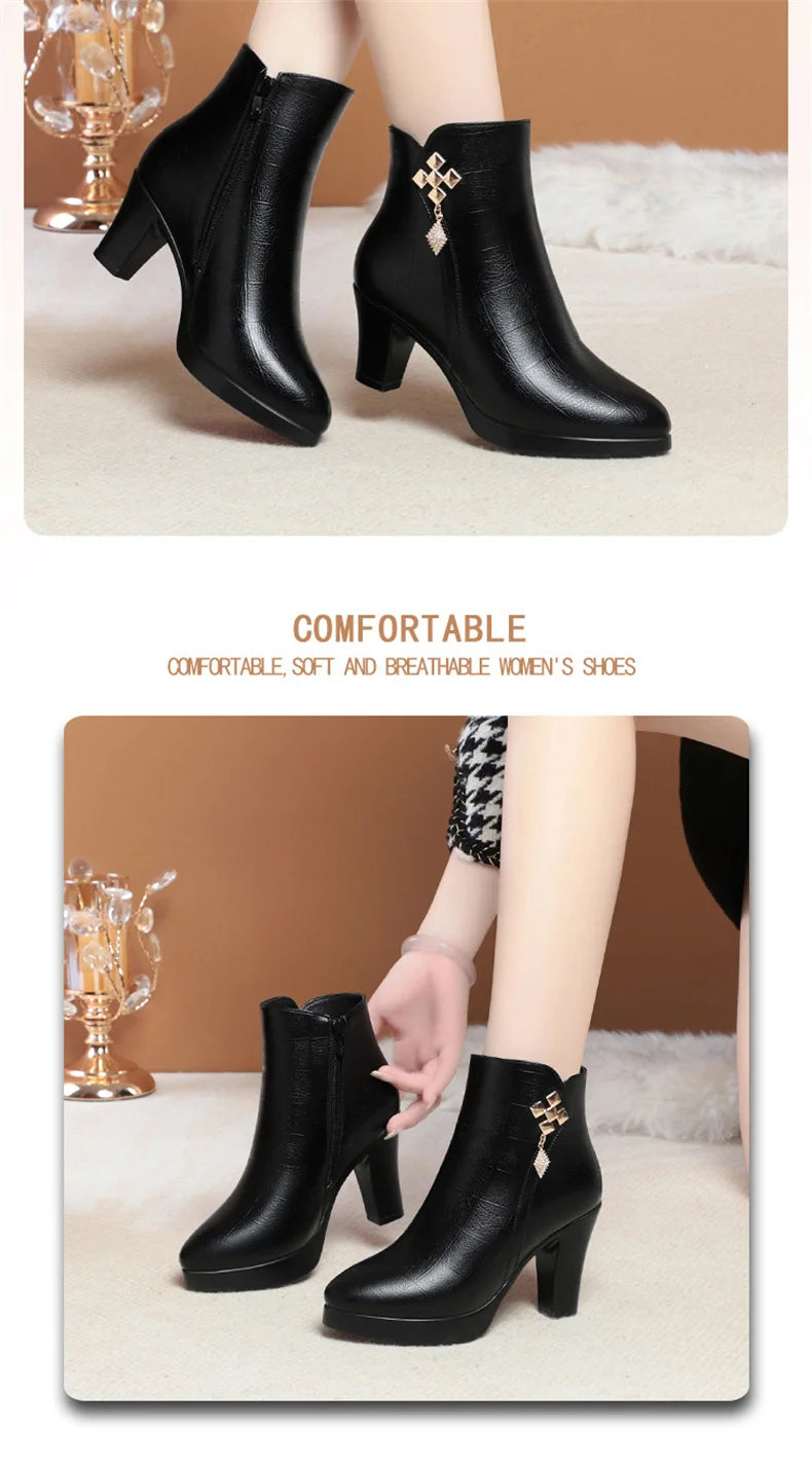 Women High Heels Soft Leather Ankle Boots Autumn Winter Platform Plush Boots Brand Fashion Point Toe Middle Heel Cotton Shoes