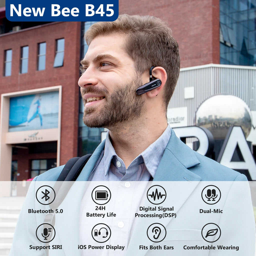 New Bee B45 Wireless Bluetooth Headset Earphones V5.0 Headphones with Dual Mics CVC8.0 Hands-Free Earpiece for Driving Business