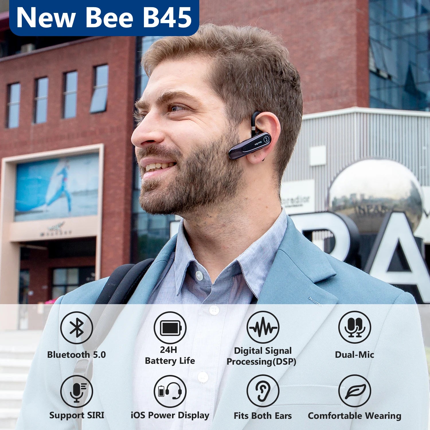 New Bee B45 Wireless Bluetooth Headset Earphones V5.0 Headphones with Dual Mics CVC8.0 Hands-Free Earpiece for Driving Business